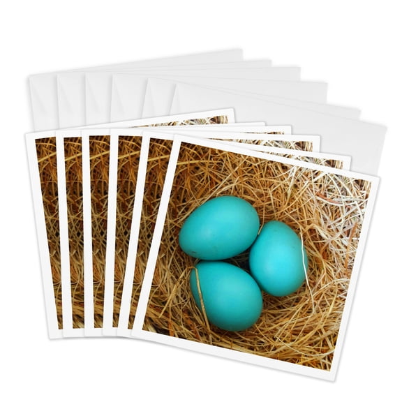 3drose, Three Blue Robin Eggs Birds Nest, 6 Greeting Cards with Envelopes