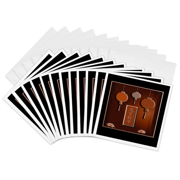 3drose, Three Lanterns Happy New Year in Chinese, 12 Greeting Cards with Envelopes