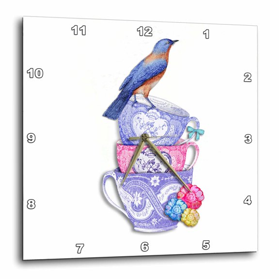 3drose, Three Pretty Tea Cups with a Bird on Top Graphic, 10x10 Wall Clock