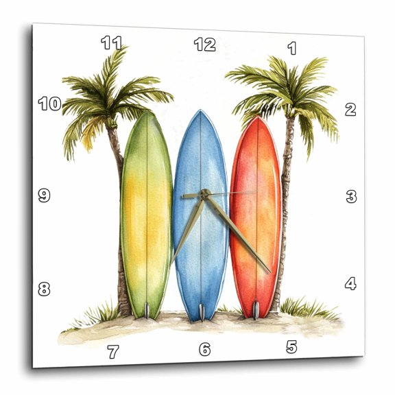 3drose, Three Surf Boards Between Two Palm Tree Illustration, 15x15 Wall Clock