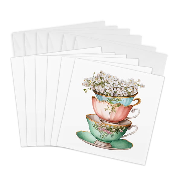 3drose, Three Tea Cups Full of Flowers Illustration, 6 Greeting Cards with Envelopes