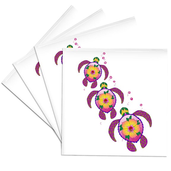 3drose, Three Tropical Honu Hawaiian Turtle Symbols with Flowers., Set of 4 Ceramic Tile Coasters