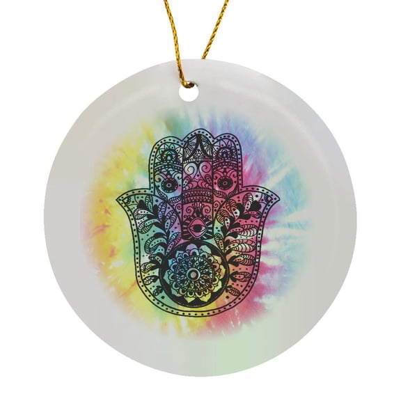 3drose, Tie Dye Hamsa, Circle Porcelain Ornament