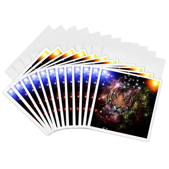 3drose, Tiger in Fantasy Background, 12 Greeting Cards with Envelopes