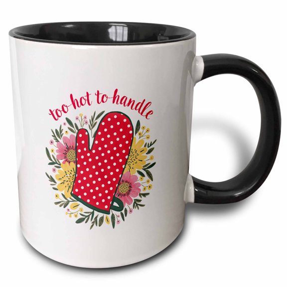 3drose, Too Hot to Handle Funny Text and an Image of a Red Kitchen Glove, 11oz Two-tone Black Mug