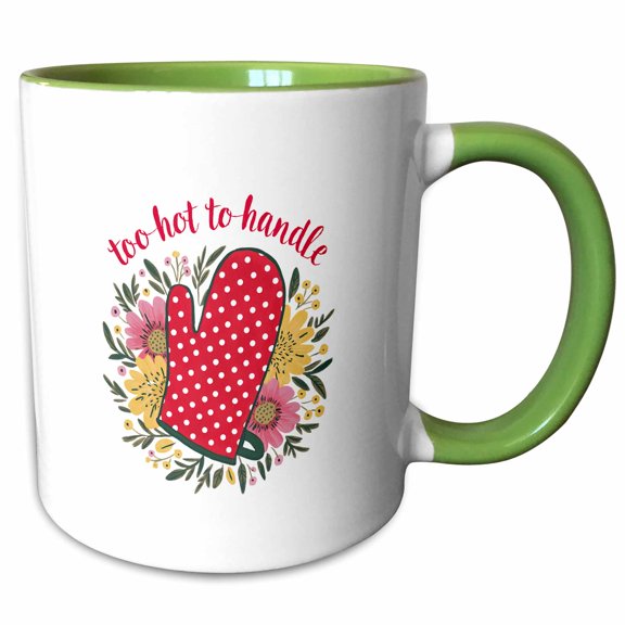 3drose, Too Hot to Handle Funny Text and an Image of a Red Kitchen Glove, 11oz Two-tone Green Mug