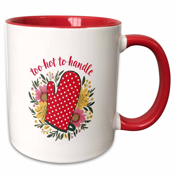 3drose, Too Hot to Handle Funny Text and an Image of a Red Kitchen Glove, 11oz Two-tone Red Mug