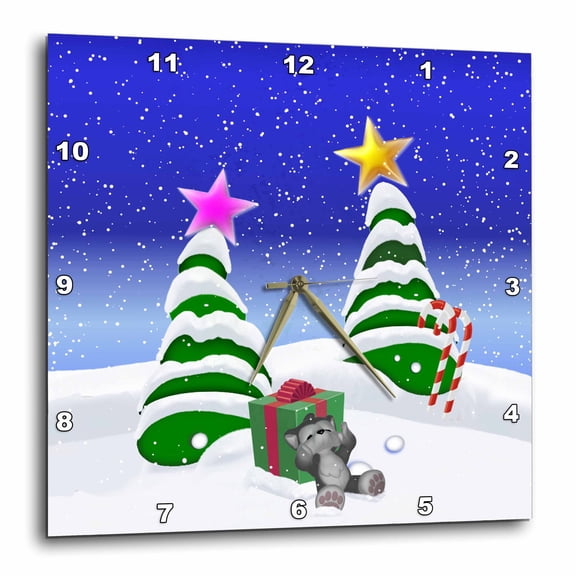 3drose, Toon Wolf Cub in Snow with Christmas Trees, 10x10 Wall Clock