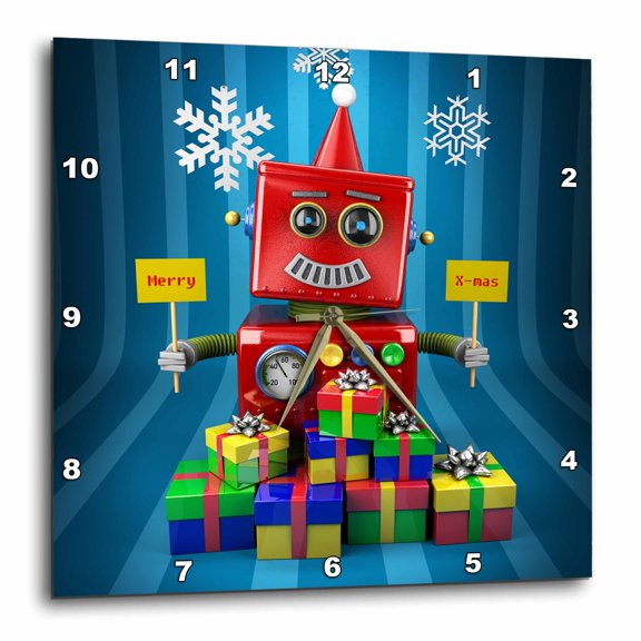 3drose, Toy Robot Celebrating Christmas with Presents, 15x15 Wall Clock