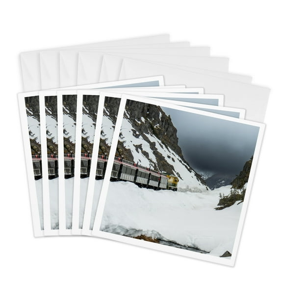 3drose, Train Goes Along Through Snow in Mountains, 6 Greeting Cards with Envelopes