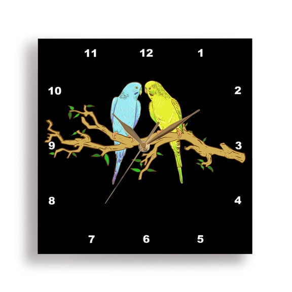 3drose, Trendy Illustration of Two Birds on a Tree Brach Black Background, 15x15 Wall Clock