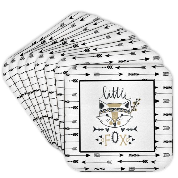 3drose, Trendy Scandi Black White Animal Illustration Typography - Little Fox, Set of 8 Coasters - Soft