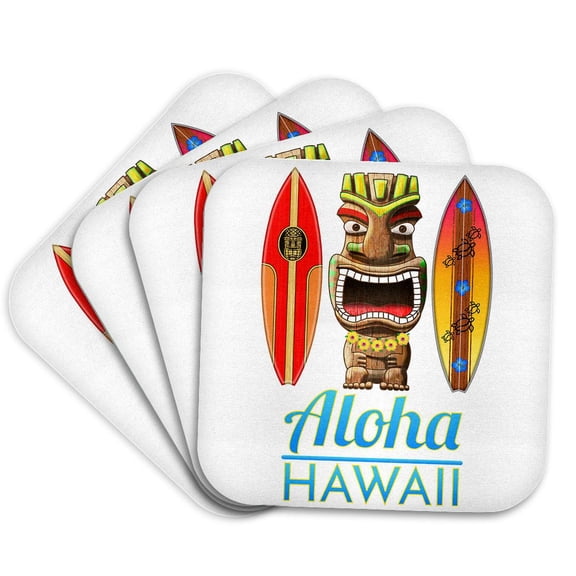 3drose, Tropical Aloha Hawaii Tiki Statue with Retro Hawaiian Surfboards, Set of 4 Coasters - Cork