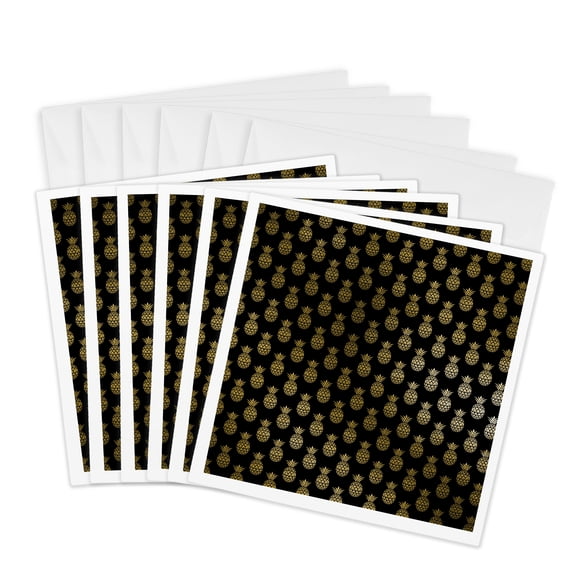 3drose, Tropical Gold Pineapples on a Black Background, 6 Greeting Cards with Envelopes