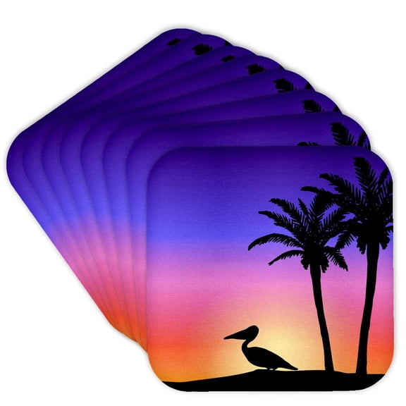 3drose, Tropical Palm Trees and Pelican Bird Silhouette at Colorful Sunset - Beach Nautical Seaside Scene, Set of 8 Coasters - Soft