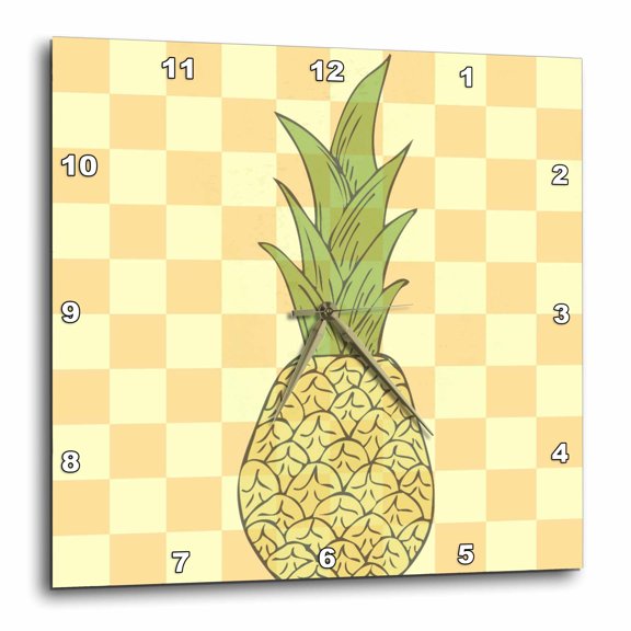 3drose, Tropical Pineapple - Fruits - Yellow Checkered Art, 13x13 Wall Clock