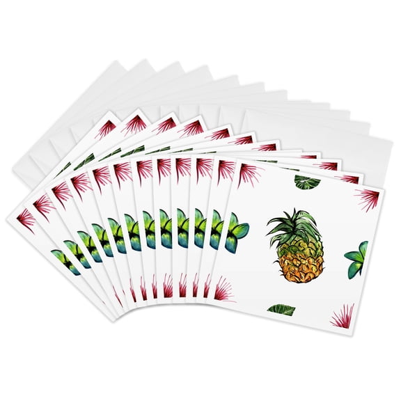 3drose, Tropical Pineapple and Flowers Pattern, 12 Greeting Cards with Envelopes
