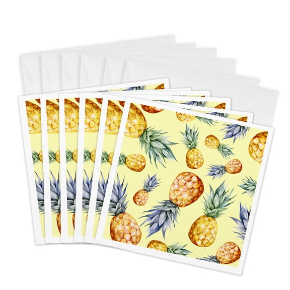 3drose, Tropical Pineapples Pattern on a Yellow Background Pattern, 6 Greeting Cards with Envelopes