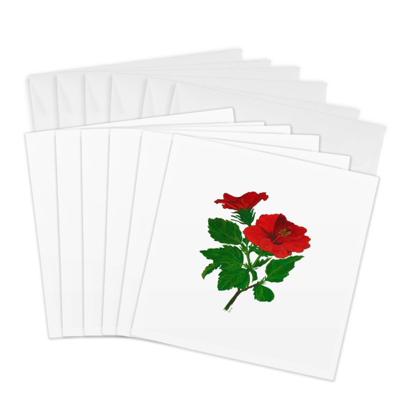 3drose, Tropical Red Hibiscus Flower Botanical Art Cut Out, 6 Greeting Cards with Envelopes