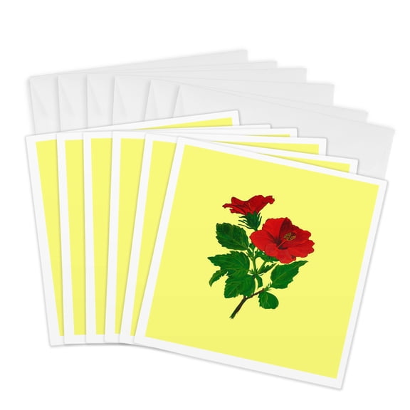 3drose, Tropical Red Hibiscus Flower Botanical Art Cut Out, 6 Greeting Cards with Envelopes