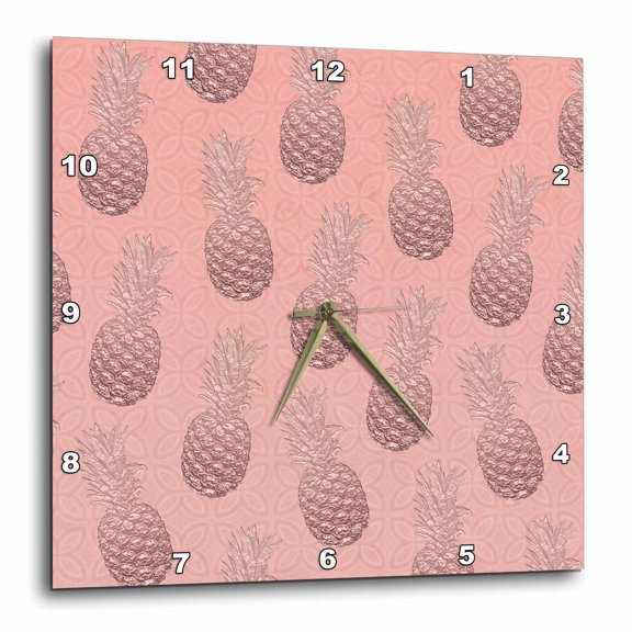 3drose, Tropical Rose Gold Metallic Pineapple Pattern, 15x15 Wall Clock
