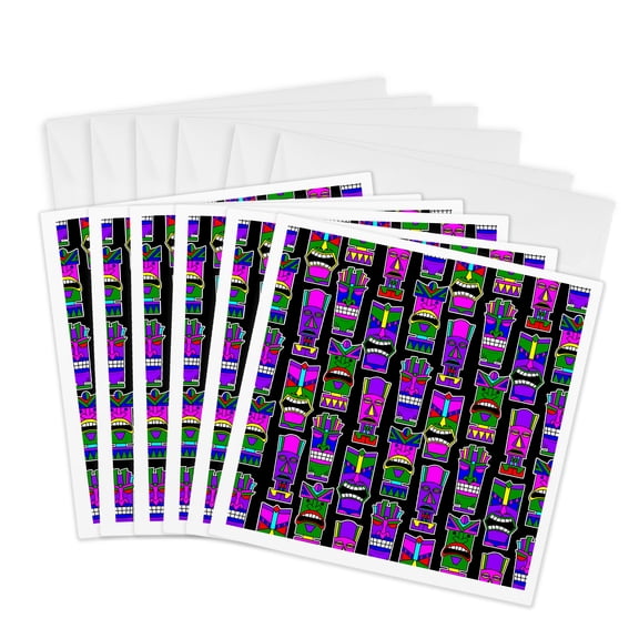 3drose, Tropical Tiki Print Small - Painted Masks on Black, 6 Greeting Cards with Envelopes