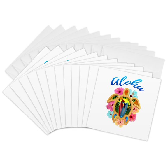 3drose, Tropical Turtle Design with Surfing Art in the Center., 12 Greeting Cards with Envelopes