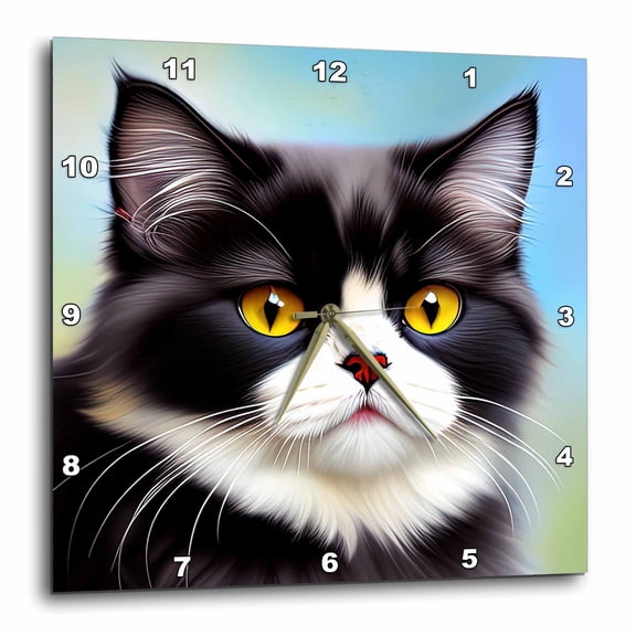 3drose, Tuxedo Persian Cat with Yellow Eyes. Digital Art. Nice Gifts for Family, 10x10 Wall Clock