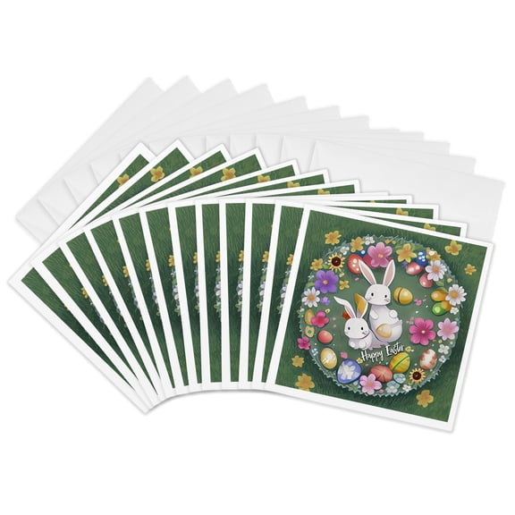 3drose, Two Anime-style Easter Bunnies and Colorful Eggs on the Flowerbed, 12 Greeting Cards with Envelopes