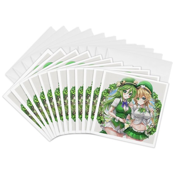 3drose, Two Irish Elf Girls, Four Leaf Clover Frame. Good Luck for You Charm, 12 Greeting Cards with Envelopes