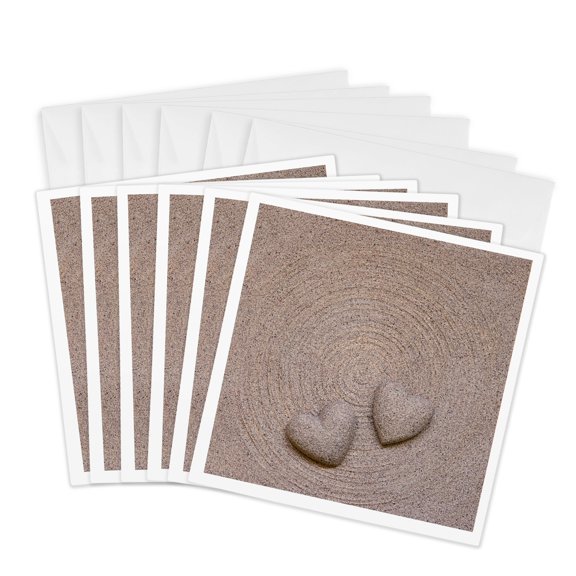 3drose, Two Sand Hearts on a Zen Circle, 6 Greeting Cards with Envelopes