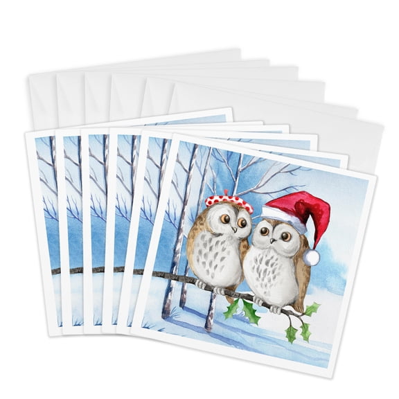 3drose, Two Winter Owls Dressed for the Holidays with Birch Tree Forest, 6 Greeting Cards with Envelopes