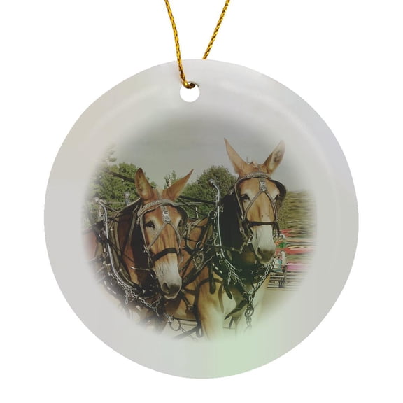3drose, Two Working Mules, Circle Porcelain Ornament