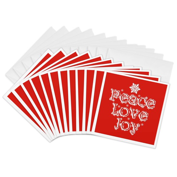 3drose, Typography Design- Peace Love Joy White Text on Red Background, 12 Greeting Cards with Envelopes