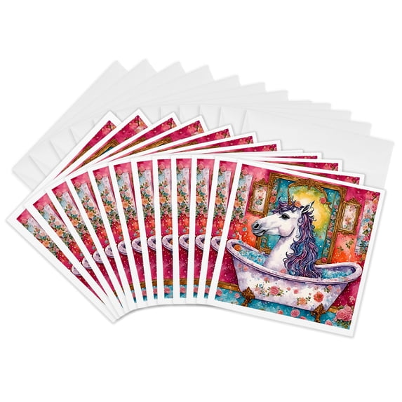 3drose, Unicorn Purple Blue Mane Bathing in a Clawfoot Bath, 12 Greeting Cards with Envelopes