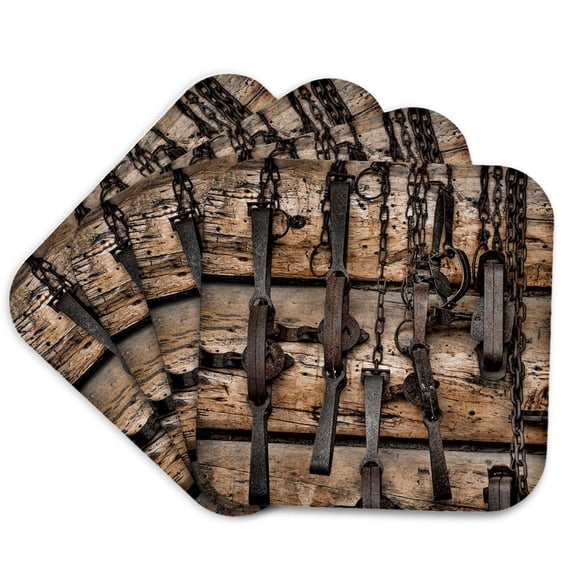 3drose, Usa, Alaska. Collection of Old Traps Hang on Log Cabin Wall., Set of 4 Coasters - Soft