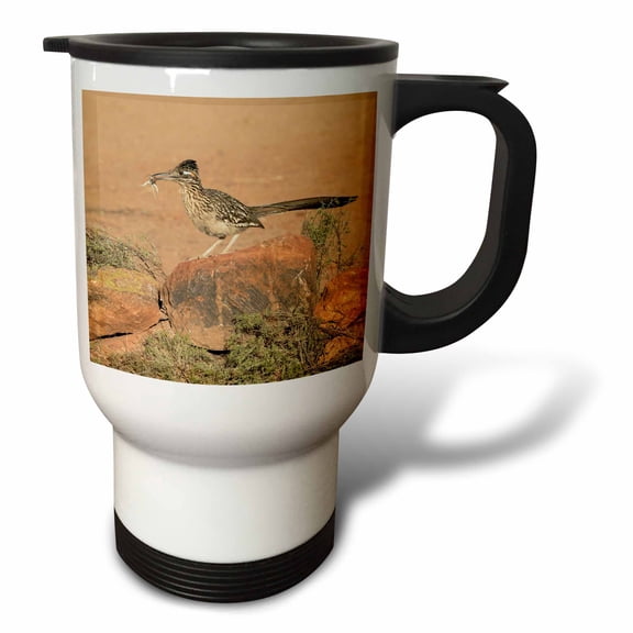 3drose, Usa, Arizona, Amado. Greater Roadrunner with Lizard., 14oz Stainless Steel Travel Mug