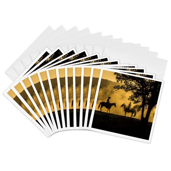 3drose, Usa, California, Parkfield, Silhouette of Two Riders on Horseback., 12 Greeting Cards with Envelopes