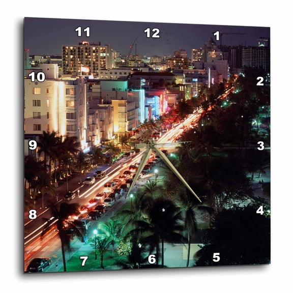 3drose, Usa, Florida, Miami Beach, Ocean Drive, Art Deco Hotels at Night., 13x13 Wall Clock
