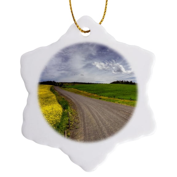 3drose, Usa, Idaho, Idaho County, Canola Field, Dirt Road, 3 inch Snowflake Porcelain Ornament
