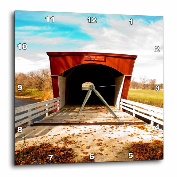 3drose, Usa, Iowa, Winterset. Holliwell Covered Bridge over the Middle River., 15x15 Wall Clock