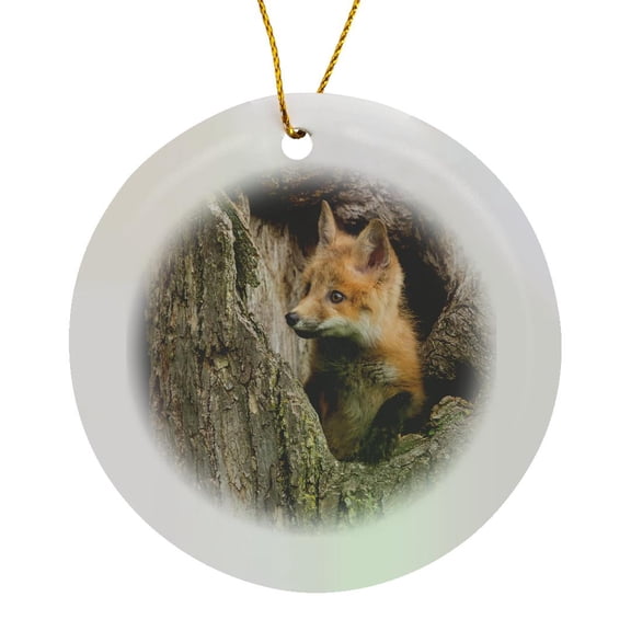 3drose, Usa, Minnesota, Sandstone. Red Fox in a Hollow Tree., Circle Porcelain Ornament