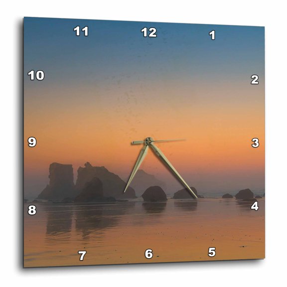 3drose, Usa, Oregon, Bandon. Sunrise on Beach with Sea Stacks in Mist., 15x15 Wall Clock