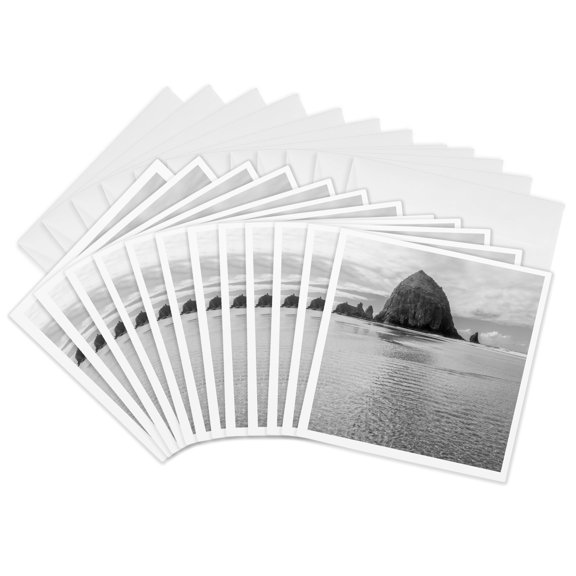 3drose, Usa, Oregon, Cannon Beach. Haystack Rock Reflecting in Sand, 12 Greeting Cards with Envelopes