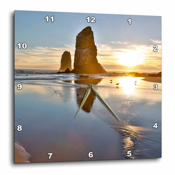 3drose, Usa, Oregon. Cannon Beach Low Tide. Ripples in Sand. Sea Stacks 2., 15x15 Wall Clock