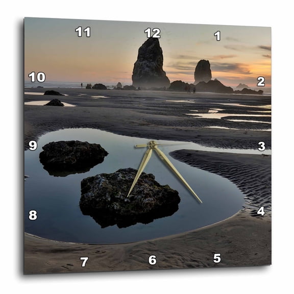 3drose, Usa, Oregon. Cannon Beach Low Tide. Ripples in Sand. Sea Stacks 4., 13x13 Wall Clock