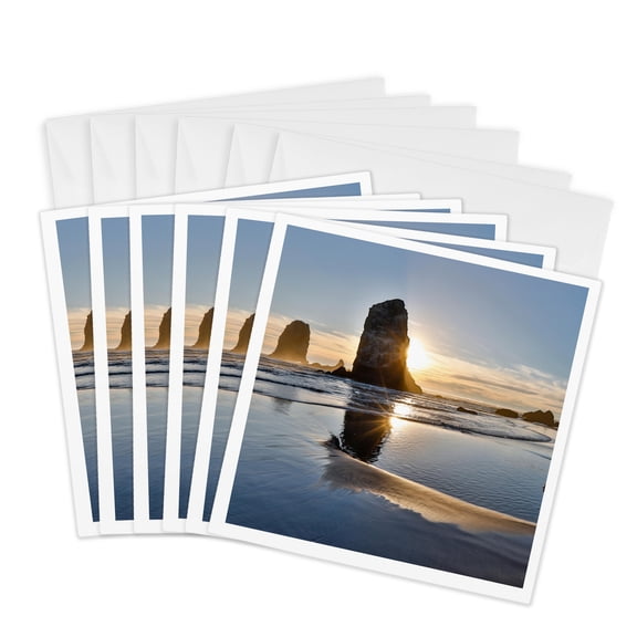 3drose, Usa, Oregon. Cannon Beach with Haystack Near Sunset and Low Tide 1., 6 Greeting Cards with Envelopes