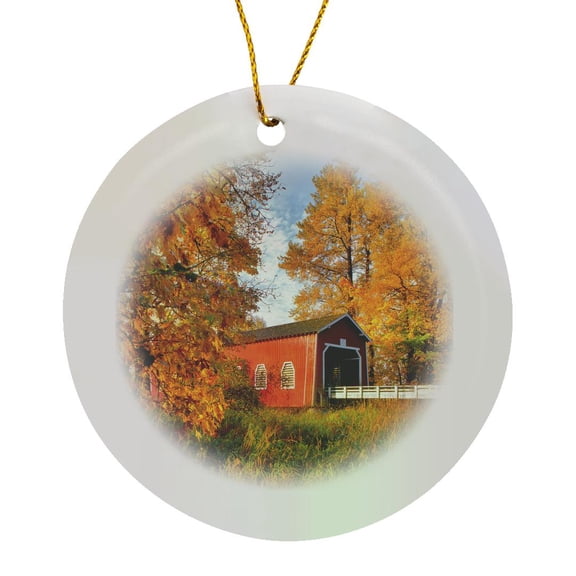 3drose, Usa, Oregon. Shimanek Covered Bridge in Lane County, Oregon, Circle Porcelain Ornament
