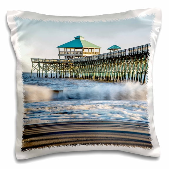 3drose, Usa, South Carolina. Folly Beach, Surf at the Pier on the Beach, 16x16 inch Pillow Case
