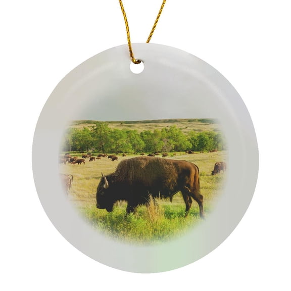 3drose, Usa, South Dakota, Custer State Park. Bison Herd Roaming., Circle Porcelain Ornament